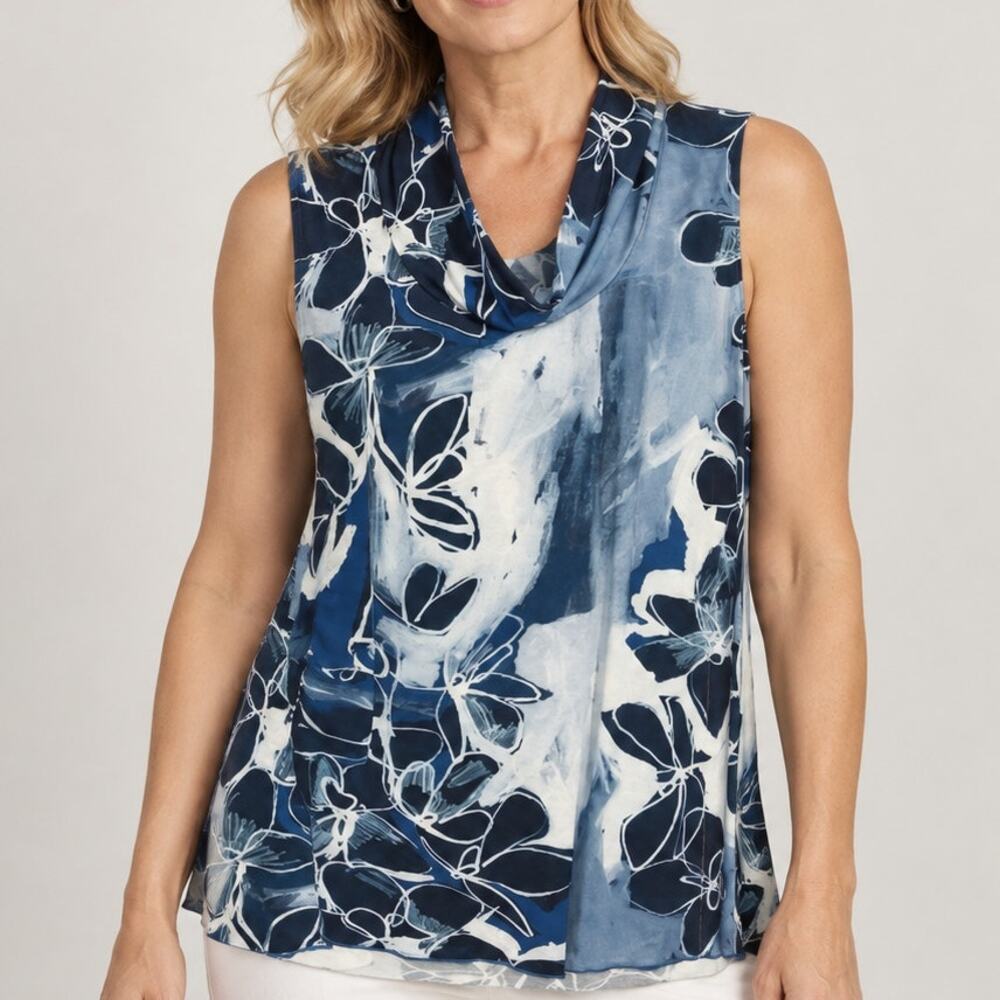 Sno Skins Cowl Neck Sleeveles Knit Top Size Small Blue Floral Stretch Knit